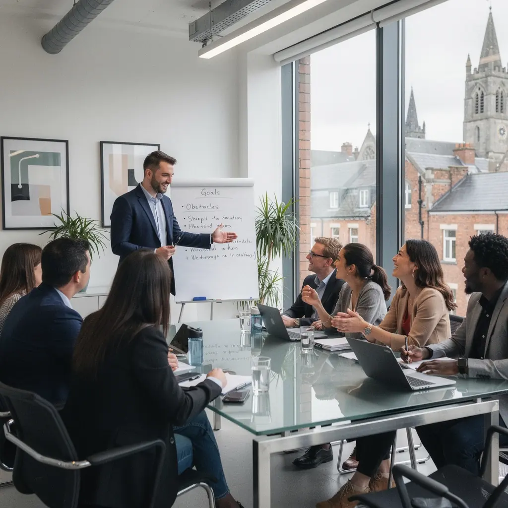A group of diverse individuals participating in a team-building exercise, highlighting collaboration and support in personal coaching.